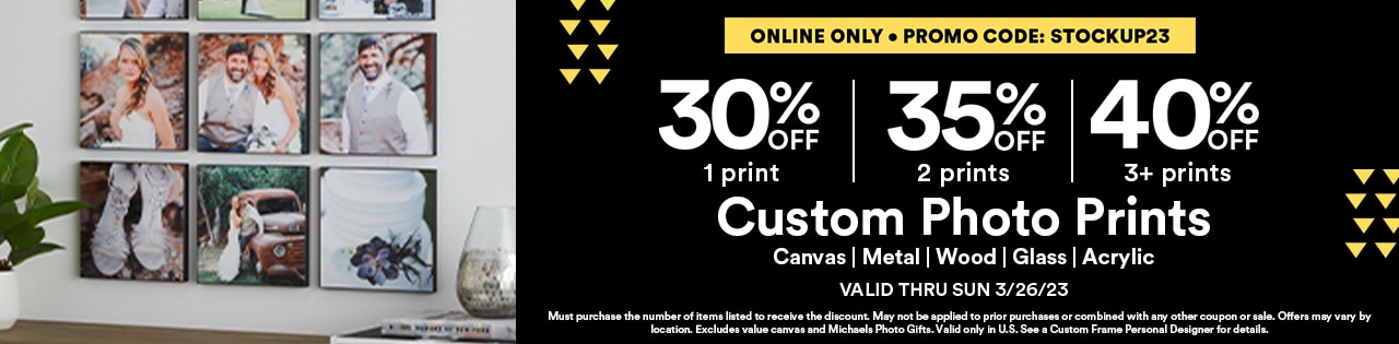30% off 1 print | 35% off 2 prints | 40% 3+ prints. Custom Photo Prints. Promo code: STOCKUP23.